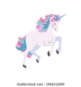 Vector illustration with galloping unicorn. White unicorn with pink and blue hair, isolated on white. 
