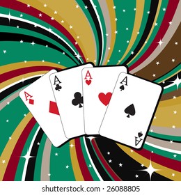 Vector illustration of gambling cards set on the beautiful background, decorated with stars and waves.