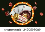 Vector illustration of gambling. Roulette wheel, playing chips, dice, poker cards, retro arch . Casino advertising template.