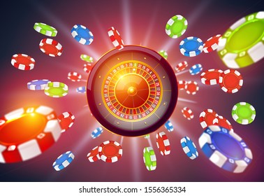 Vector illustration gambling roulette wheel isolated on gambling chips explosion background. Realistic concept design for casino