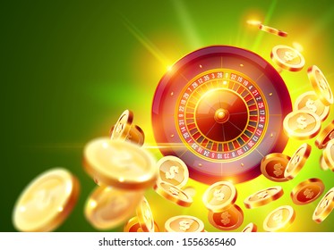 Vector illustration gambling roulette wheel isolated on coins explosion background. Realistic concept design for casino