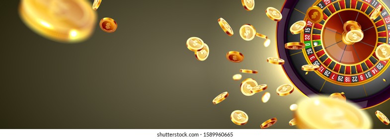 Vector illustration gambling roulette wheel isolated on coins explosion background. Realistic concept design for casino