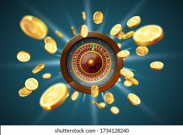 Vector illustration gambling roulette wheel isolated on coins explosion background. Realistic concept design for casino