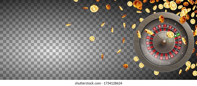 Vector illustration gambling roulette wheel isolated on coins explosion background. Realistic concept design for casino
