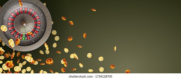 Ilustración vectorial rueda de la ruleta de juego aislada en el fondo de la explosión de las monedas. Diseño de concepto realista para casino