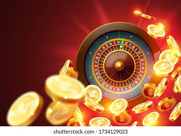 Vector illustration gambling roulette wheel isolated on coins explosion background. Realistic concept design for casino