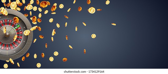 Ilustración vectorial rueda de la ruleta de juego aislada en el fondo de la explosión de las monedas. Diseño de concepto realista para casino