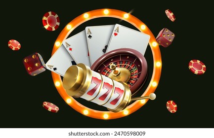 Vector illustration of gambling. Roulette wheel, playing chips, dice, poker cards, retro arch . Casino advertising template.