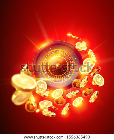 Vector illustration gambling roulette wheel isolated on coins explosion background. Realistic concept design for casino