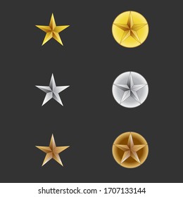 Vector illustration game award. Receiving the cartoon game achievement. Gold, silver, bronze stars isolated on dark background. Mobile game application design elements