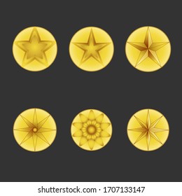 Vector illustration game award. Receiving the cartoon game achievement. Gold stars isolated on dark background. Mobile game application design elements