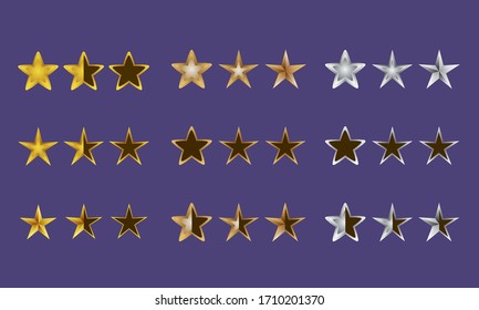 Vector illustration game award. Receiving the cartoon game achievement. Gold, silver, bronze stars isolated on dark background. Mobile game application user interface
