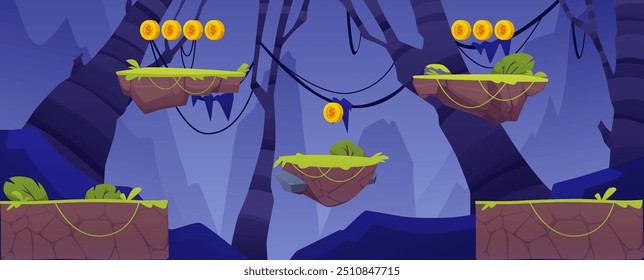 Vector illustration of a game background featuring floating platforms with grassy tops in a dark forest setting. The platforms are connected by ropes and surrounded by lush foliage.