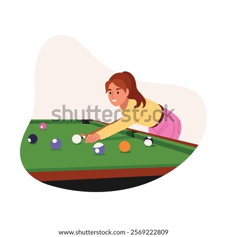 Vector illustration of a game of billiards. Cartoon scene of a smiling girl in a yellow sweater, pink pants with a belt, hitting a cue ball, billiard table with balls isolated on a white background.