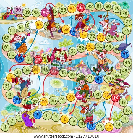 Vector illustration, Game Board Up And Down Clowns And Harlequins, card concept.