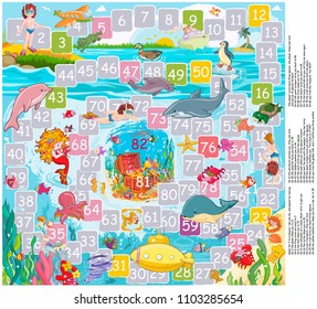 Vector illustration, game board, The Treasure From The Depths, cartoon concept.