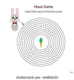 vector illustration. game for children. circular maze or labyrinth for kids. cartoon cute hare and carrot.