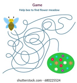 vector illustration. game for children. maze or labyrinth for kids. cartoon cute bee and flower. tangled road.