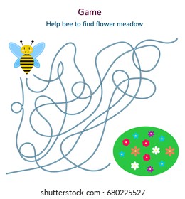 vector illustration. game for children. maze or labyrinth for kids. cartoon cute bee and flower. tangled road.
