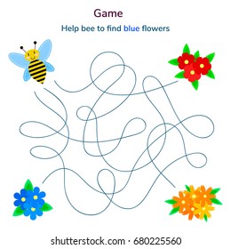 vector illustration. game for children. maze or labyrinth for kids. cartoon cute bee and flower. tangled road.