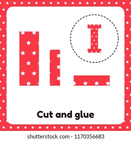 Vector illustration. A game for children of preschool and school age. Cut out and glue. The letter of the English alphabet I. Red background with white stars.