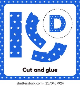 Vector illustration. A game for children of preschool and school age. Cut out and glue. The letter of the English alphabet D. Blue background with white stars.