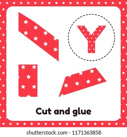 Vector illustration. A game for children of preschool and school age. Cut out and glue. The letter of the English alphabet Y. Red background with white stars.