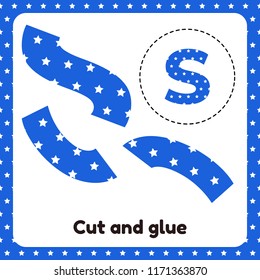 Vector illustration. A game for children of preschool and school age. Cut out and glue. The letter of the English alphabet S. Blue background with white stars.