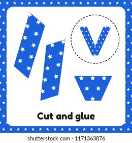 Vector illustration. A game for children of preschool and school age. Cut out and glue. The letter of the English alphabet V. Blue background with white stars.