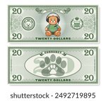 Vector illustration. Game childrens money. Obverse and reverse of 20 dollars banknote. Cartoon sitting Teddy gamer. Animal paw prints. Denomination of twenty. Headphones. Part 3.