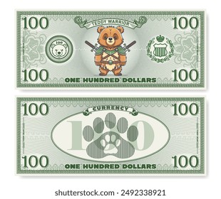 Vector illustration. Game childrens money. Obverse and reverse of 100 dollars banknote. Cartoon Teddy bear warrior in armor and with swords. Animal paw prints. Denomination of one hundred. Part 1.