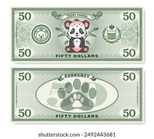 Vektorillustration. Spiel Kinder Geld. Vorder - und Rückseite einer 50 - Dollar - Banknote. Cartoon sitzend Teddy Panda. Tierpfote. Stückelung von fünfzig. Bambus. Teil 2.