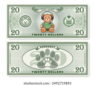 Ilustración vectorial. Dinero de los niños del juego. Anverso y reverso de billete de 20 dólares. Jugador de Teddy sentado de dibujos animados. Huellas de garras de animales. Denominación de veinte. Auriculares. Parte 3.