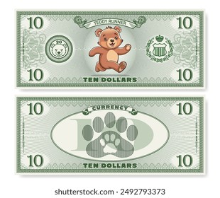 Vektorillustration. Spiel Kinder Geld. 10 - Dollar - Banknote - Vorder - und Rückseite. Cartoon läuft Teddy-Läufer. Tierpfote. Stückelung von zehn. Teil 4.