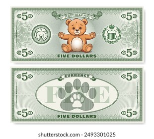 Vektorillustration. Spiel Kinder Geld. Vorder - und Rückseite der 5 - Dollar - Banknote. Cartoon sitzend Teddy wollen Umarmung. Tierpfote. Stückelung von fünf. Teil 5.