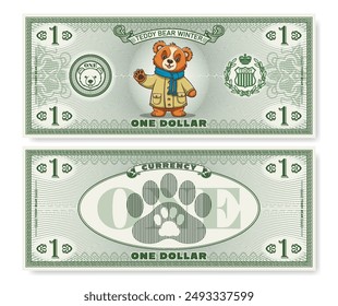 Vector illustration. Game childrens money. Obverse and reverse of 1 dollar banknote. Cartoon Teddy in coat and scarf. Hellow. Animal paw prints. Denomination of one. Part 6.