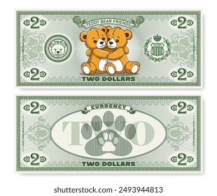 Vector illustration. Game childrens money. Obverse and reverse of 2 dollars banknote. Cartoon Teddy bear friends. Animal paw prints. Denomination of two. Part 7.