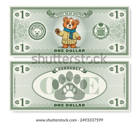 Vector illustration. Game childrens money. Obverse and reverse of 1 dollar banknote. Cartoon Teddy in coat and scarf. Hellow. Animal paw prints. Denomination of one. Part 6.