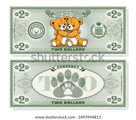Vector illustration. Game childrens money. Obverse and reverse of 2 dollars banknote. Cartoon Teddy bear friends. Animal paw prints. Denomination of two. Part 7.