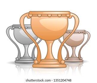 Vector illustration of game cups rewards. Gold, silver and bronze goblets
