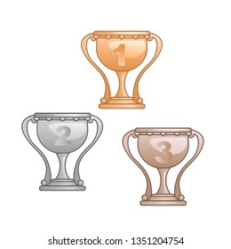 Vector illustration of game cups rewards. Gold, silver and bronze goblets isolated on white