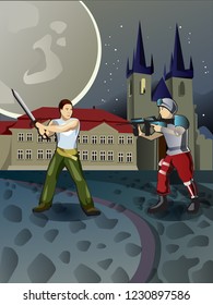 Vector illustration to the game of fighting knights