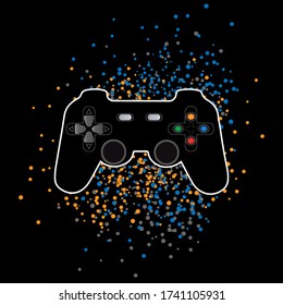 Vector illustration with game joystick on black background with spray effect.