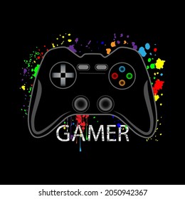 Vector illustration with game joystick on multicolored blots and text gamer