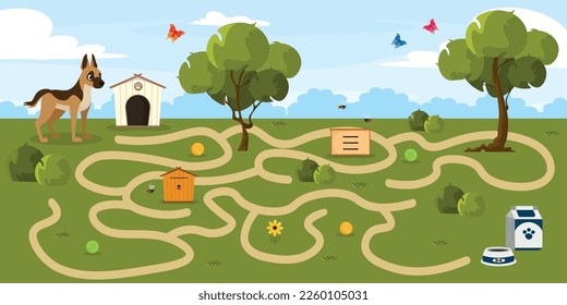Vector illustration game labyrinth and dog for children A cartoon landscape and branch the labyrinth a beehive bees  trees bushe a dog house  butterflies  Game to help the dog find food 
