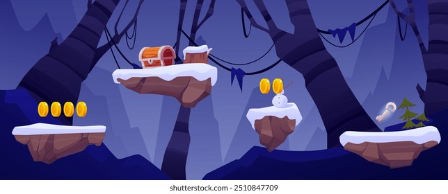 Vector illustration with a game location of flying islands with snow, gold coins, a key and a snowman against the background of an ominous night forest