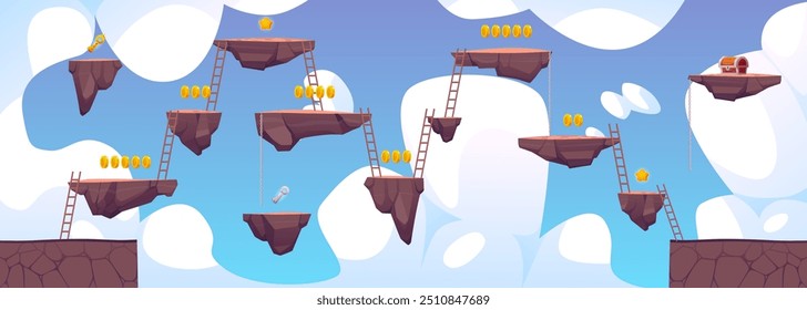 Ilustración vectorial con un mapa del juego con una ubicación de las islas voladoras, monedas de oro, escaleras, llaves y un cofre sobre un fondo de cielo azul y nubes