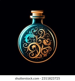 Vector illustration game object fantastic fabulous vial with liquid, manna for alchemist artifact isolated on black background. Game design.