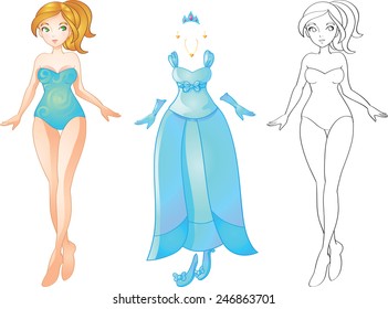 Vector illustration game paper doll blonde with princess clothes  dress and crown