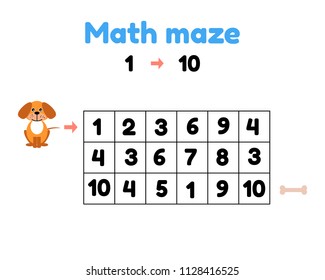 vector illustration. game for preschool children. mathematical maze. help the puppy to get to the bone.  find numbers from 1 to 10